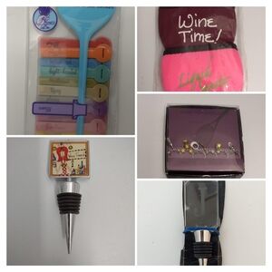 Lot of 5 Wine Items Glovies, Stoppers, Holders, Tags, Tennis Charms , J Glass